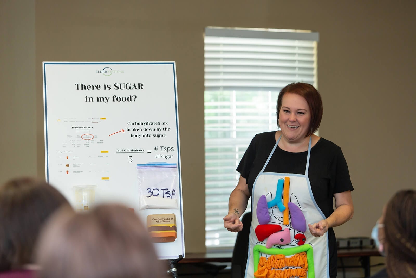 Woman leads a about diabetes, wearing an apron with internal organs on it.